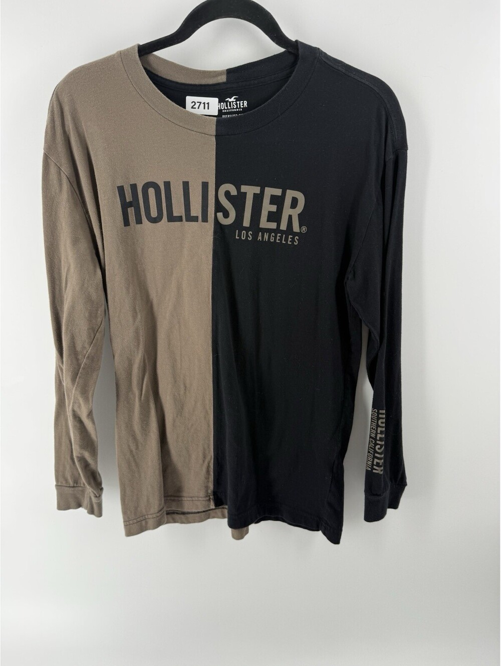 Hollister Colorblock Oversized Long Sleeve Logo T-Shirt Black Brown Men's XS